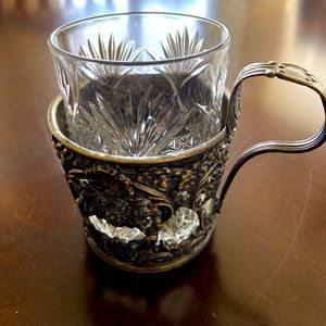 Glass Tea Holder Warszawa Norrlin&Co N Plaque with Crystal Russian Cut Glass